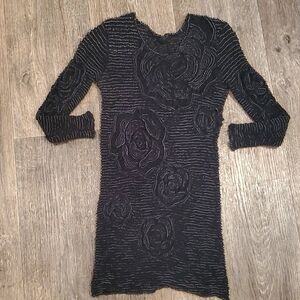 Black Rose Pattern Design Top Long Sleeve Stretch Bodycon Semi Sheer One Size